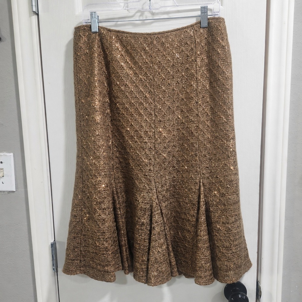 Lafayette 148 New York Bronze Gold Shimmer Pleated Godet Midi Skirt Size 8